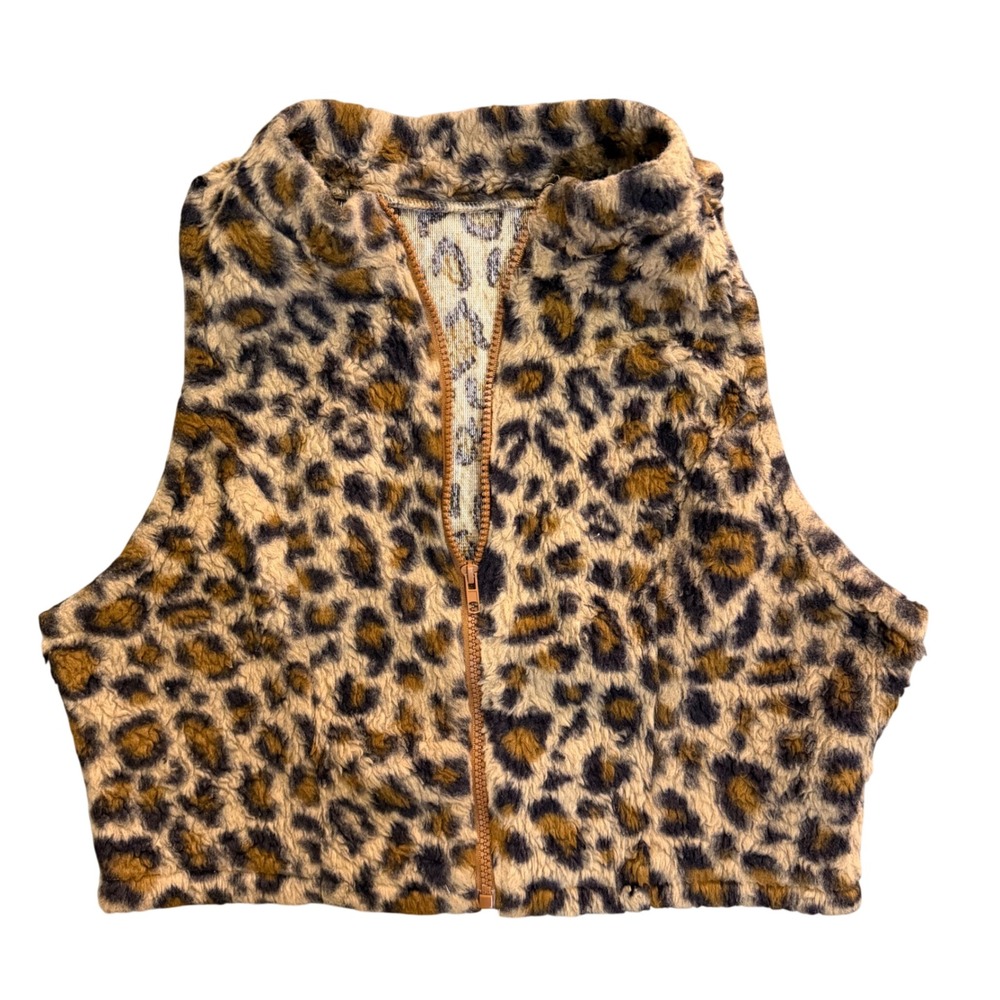 SHEIN Leopard Print Fuzzy Cropped Zip Up Jacket Vest Sherpa Large Brown Tan - Picture 2 of 5